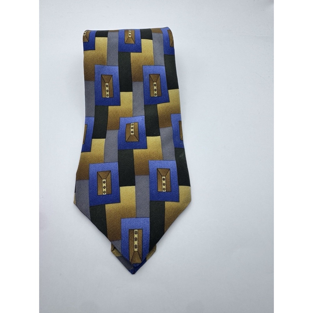 Christopher Reeve Collection Geometric 100% Silk Tie Navy Blue & Gold‎ - Picture 5 of 6